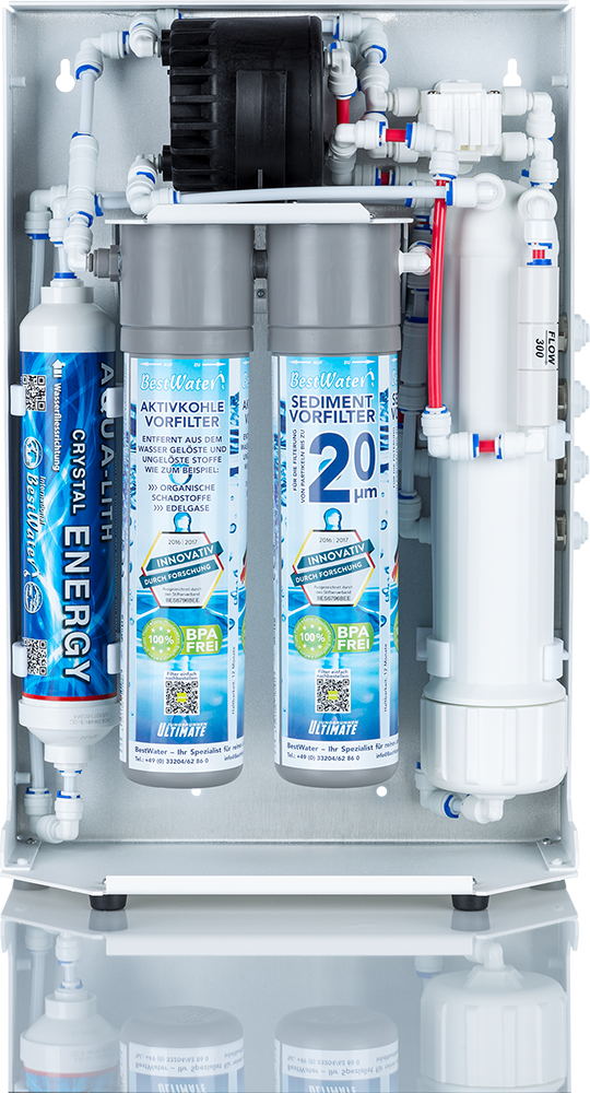 Widok wnętrza filtra wody z wkładami filtracyjnymi i pompą permeatu oraz połączeniami 