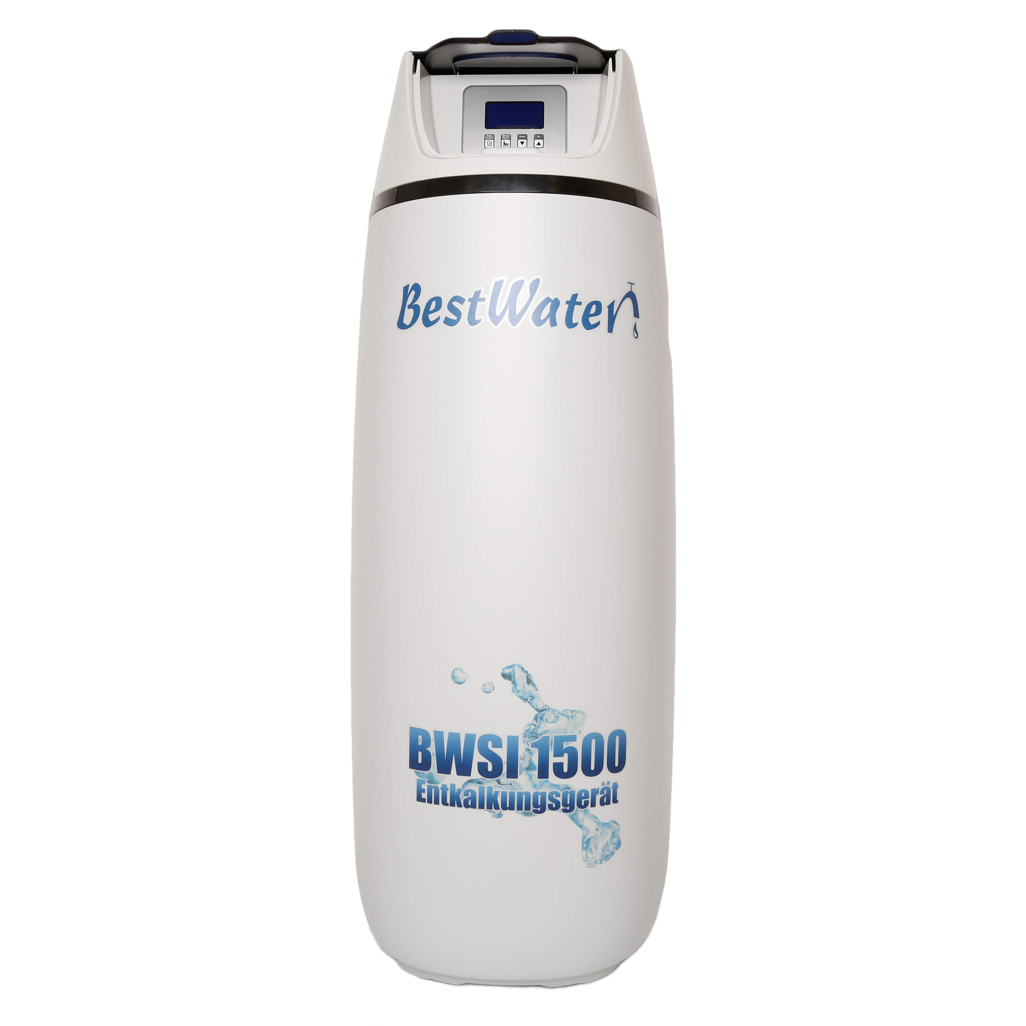 okrągły pojemnik na wodę w kolorze szarym do zmiękczania wody z wyświetlaczem i napisem BestWater