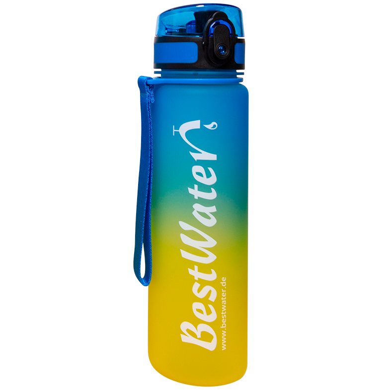 butelka w kolorze niebiesko-żółtym z nadrukiem bestwater 