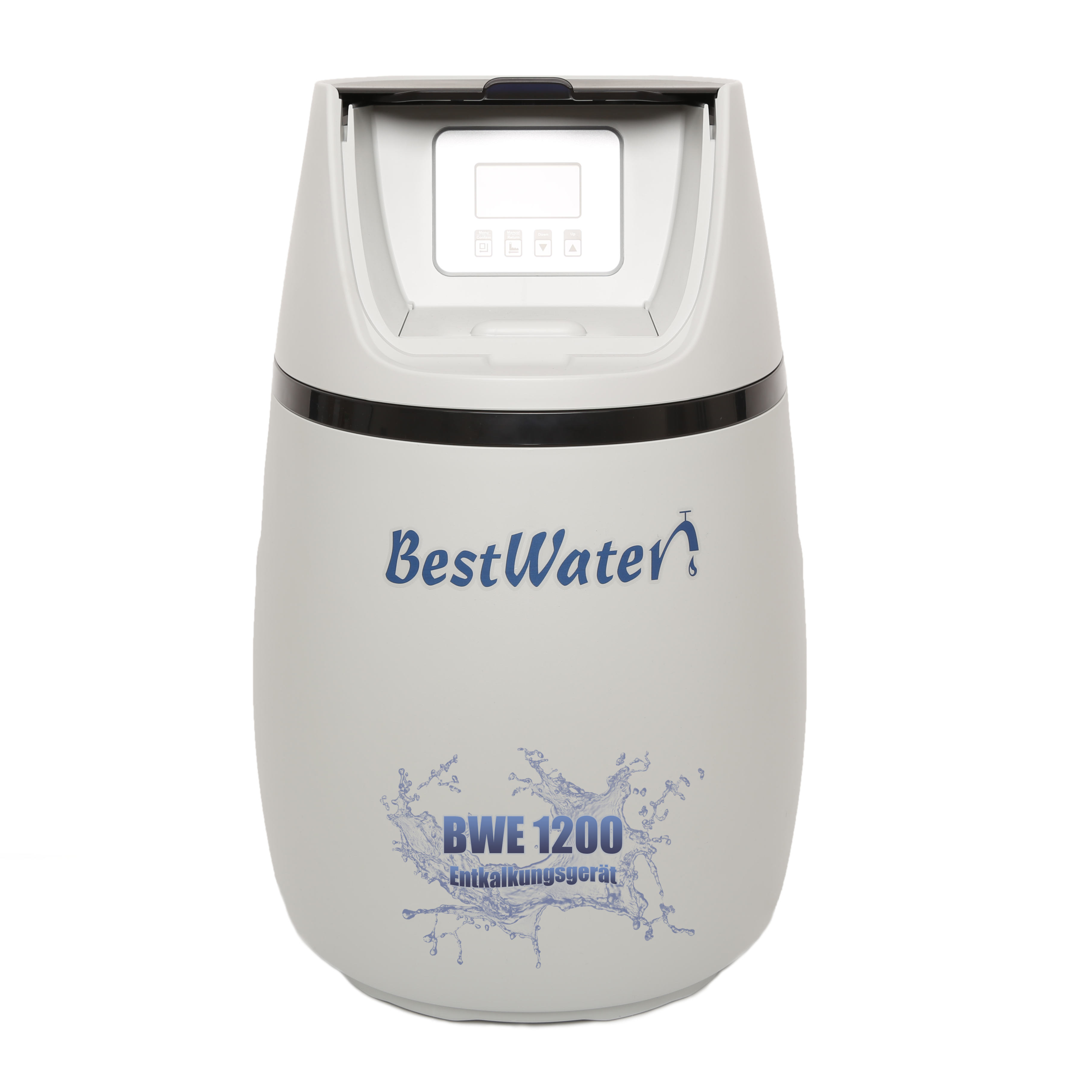 okrągły pojemnik na wodę w kolorze szarym do zmiękczania wody z wyświetlaczem i napisem BestWater