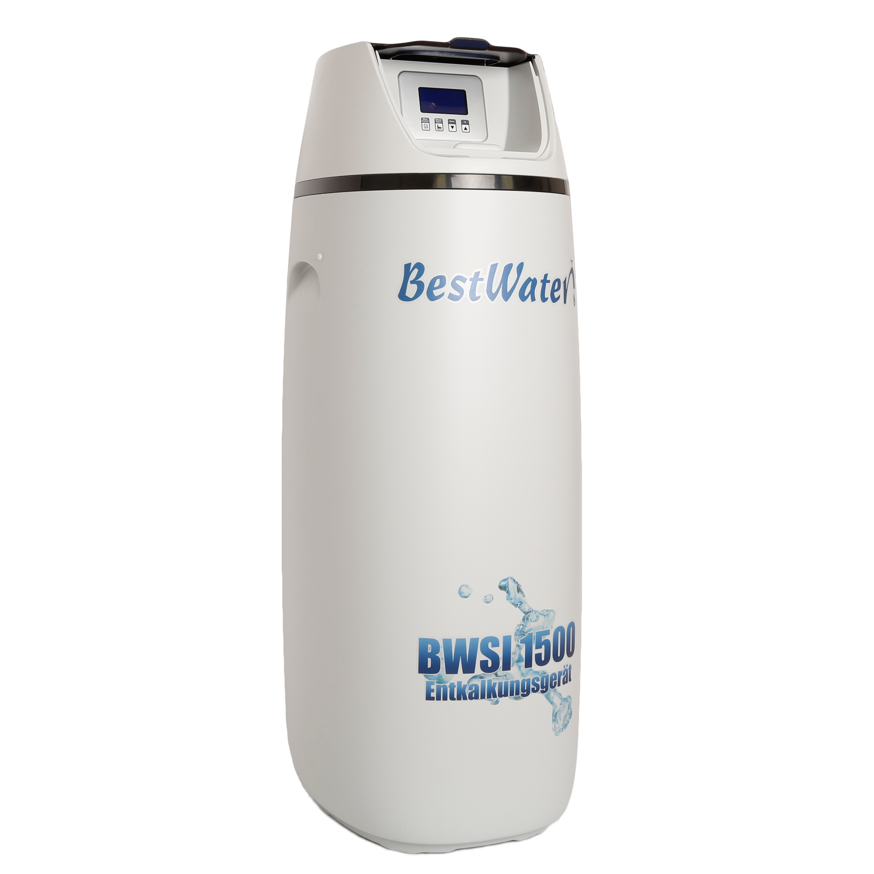 okrągły pojemnik na wodę w kolorze szarym do zmiękczania wody z wyświetlaczem i napisem BestWater