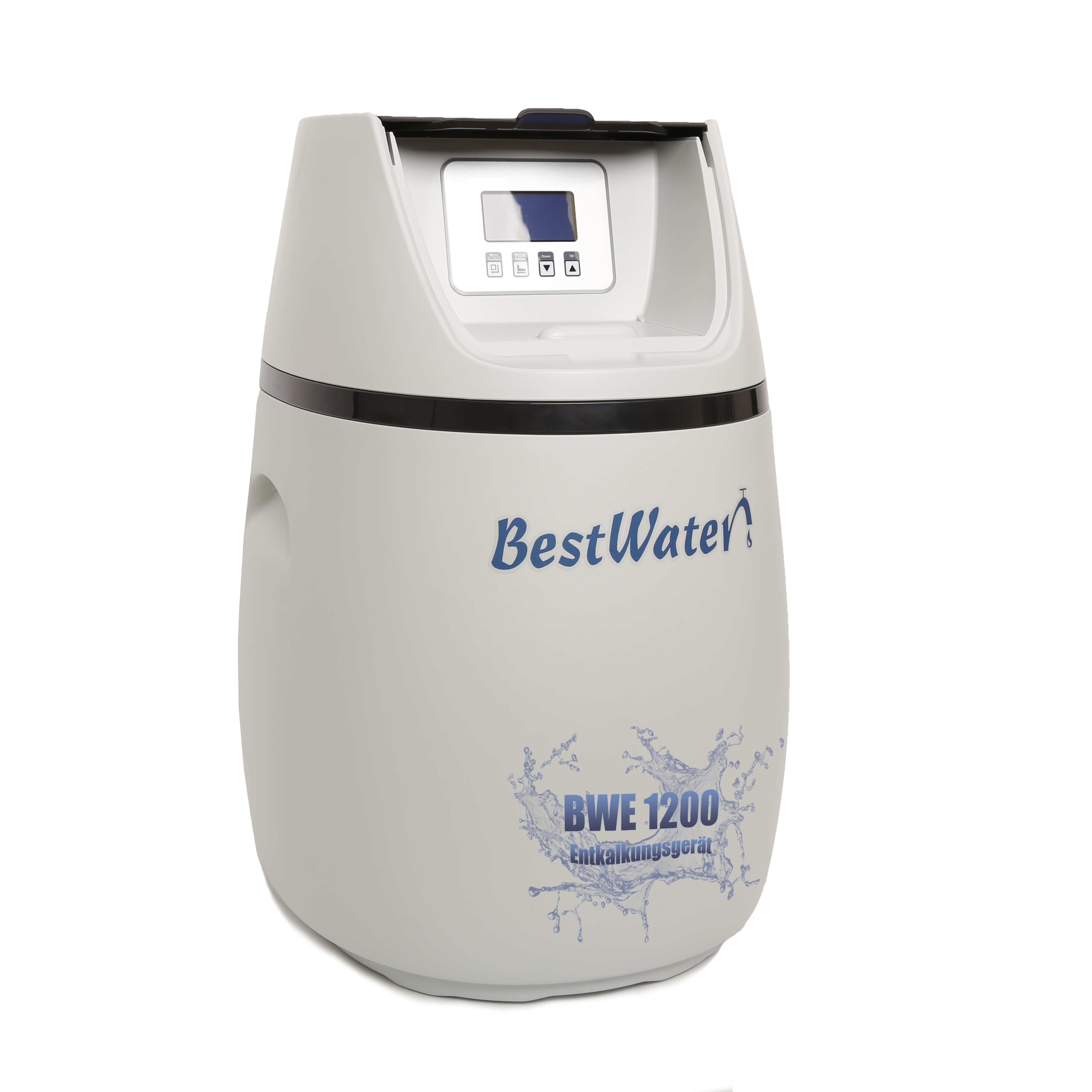 okrągły pojemnik na wodę w kolorze szarym do zmiękczania wody z wyświetlaczem i napisem BestWater